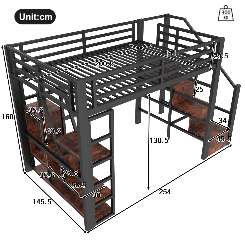 Letto a soppalco 140x200 cm con LED; scala con contenitore e ripiani; metallo e MDF nero