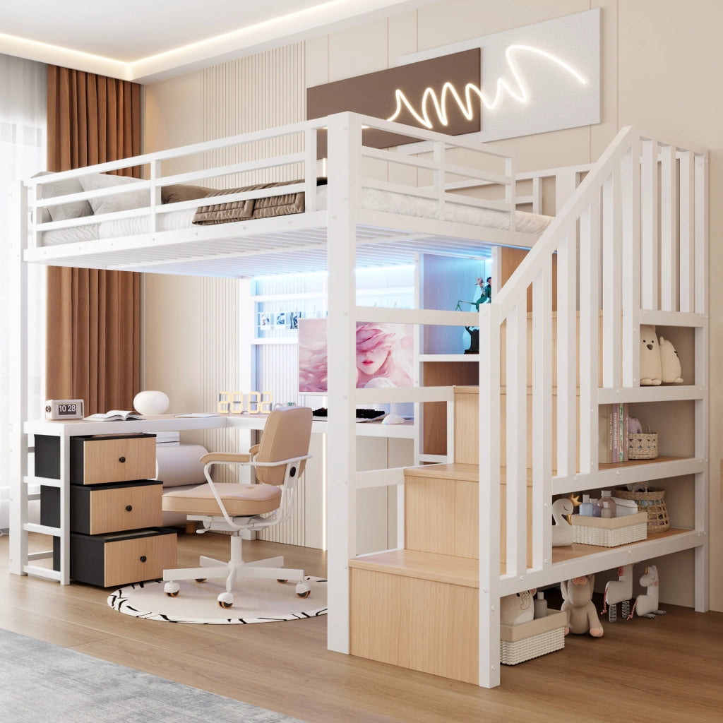 Letto a soppalco 90 × 200 cm con scrivania scala contenitore 4 cassetti LED metallo e MDF bianco