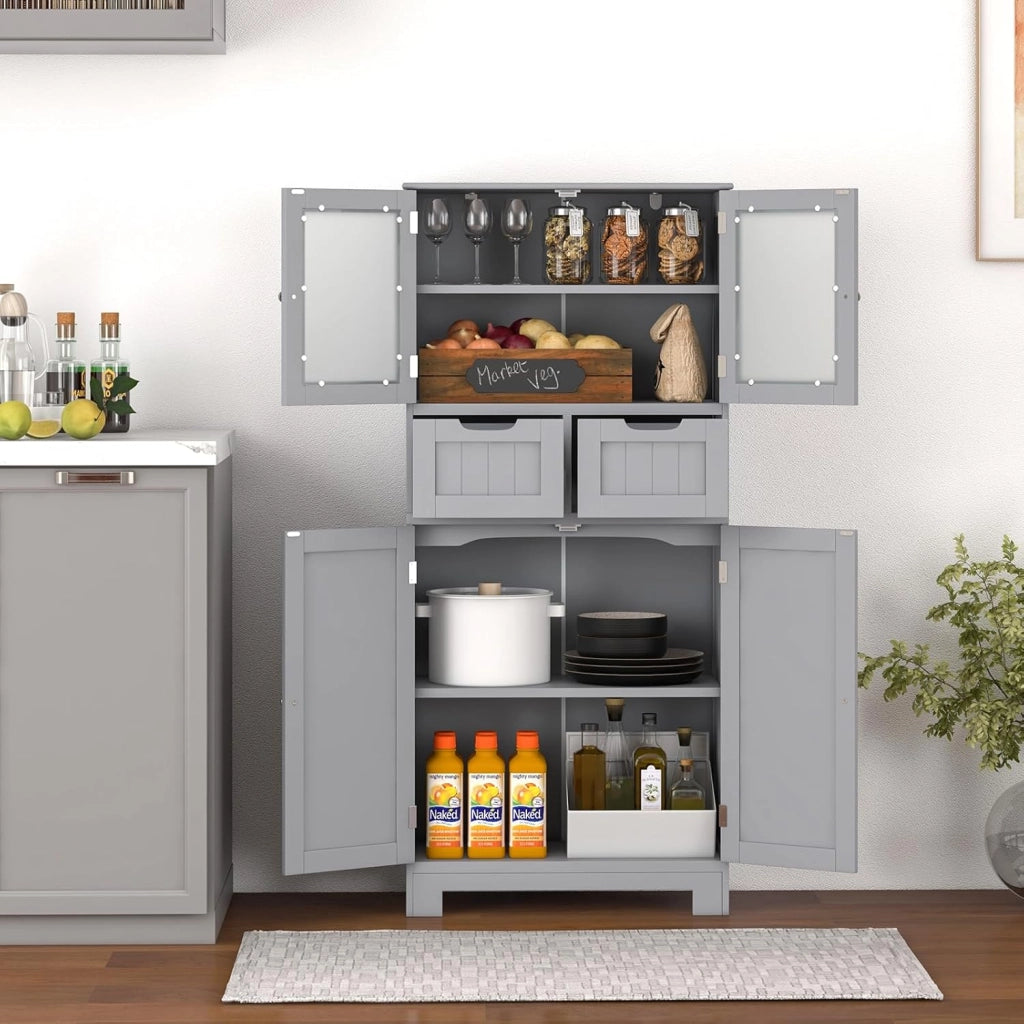 Armadio da Terra con 4 Ante, Mobile da Bagno con 2 Ante in Vetro 2 Cassetti e Ripiani Regolabili, Armadio Multifunzionale per Bagno e Soggiorno (Grigio, 60x30x128cm)