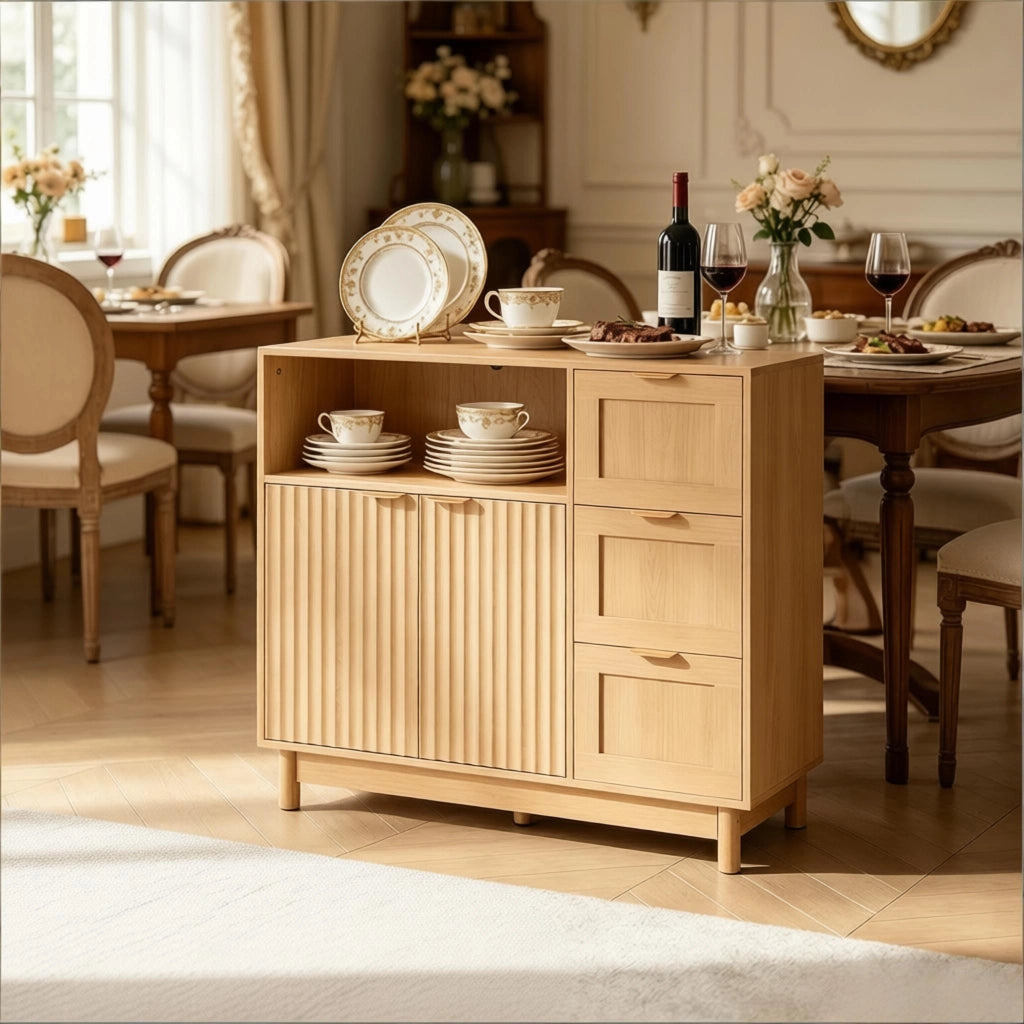 Credenza da cucina con vano aperto tre cassetti e ripiani regolabili in MDF e truciolato effetto legno 90 × 35 × 80 cm