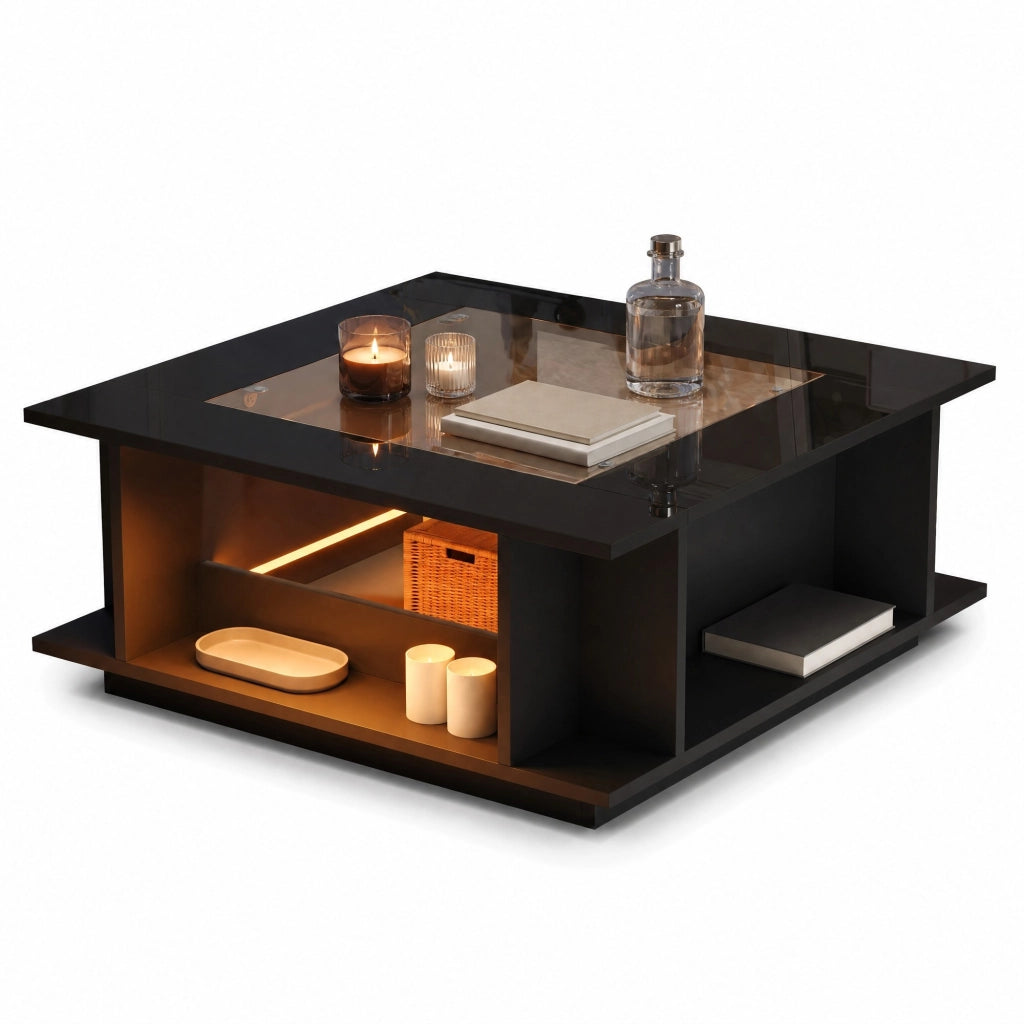 Tavolino da caffè quadrato 70x70x30 cm con piano in vetro; finitura nero lucido e LED