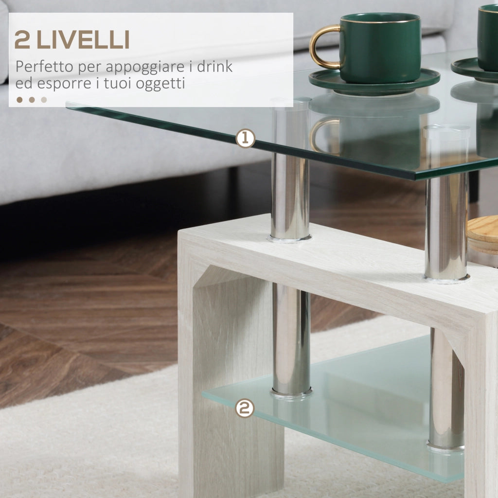 Tavolino da Caff¨¨ Moderno a 2 Livelli in Vetro e Legno, 90x50x42cm, Bianco