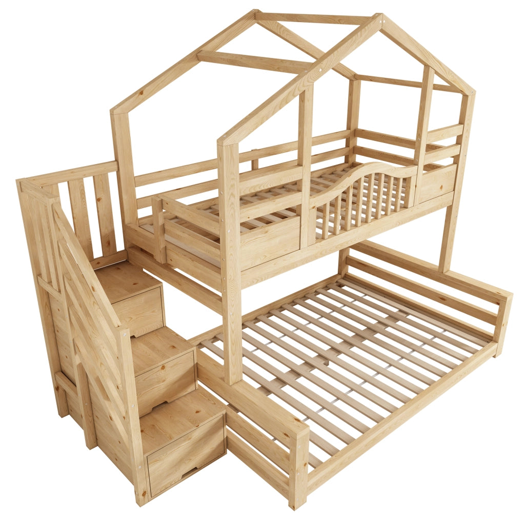 Letto a castello per bambini con armadietto nella scala; legno dall'aspetto naturale