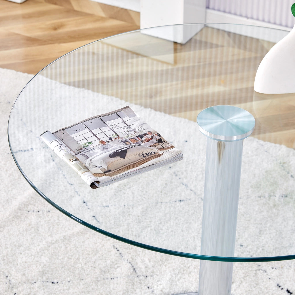 Tavolo alto da bar con piano rotondo in vetro trasparente e base in metallo argento diametro 85 cm altezza 76 cm