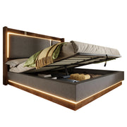 Letto matrimoniale 140 × 200 cm con contenitore idraulico; LED regolabile; senza materasso; grigio e noce