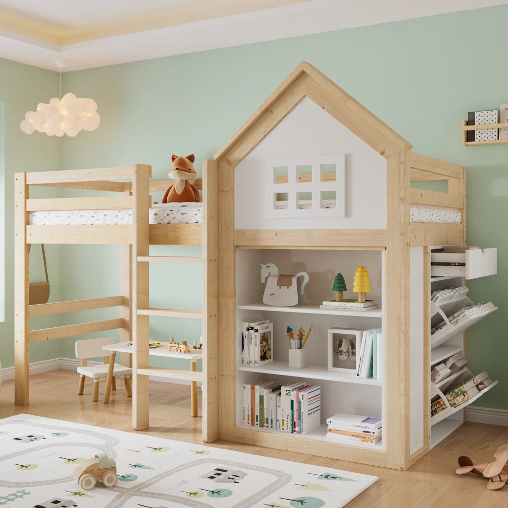 Letto a soppalco per bambini 90x200 cm a casetta; pino e MDF; bianco e legno naturale; cassetti e protezioni