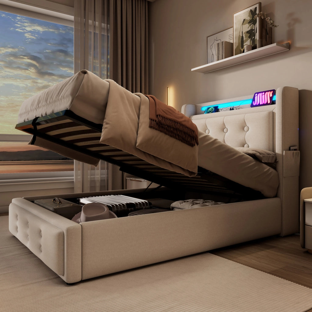 Letto singolo 90x200 in cotone e metallo beige con LED， USB-C e vano contenitore