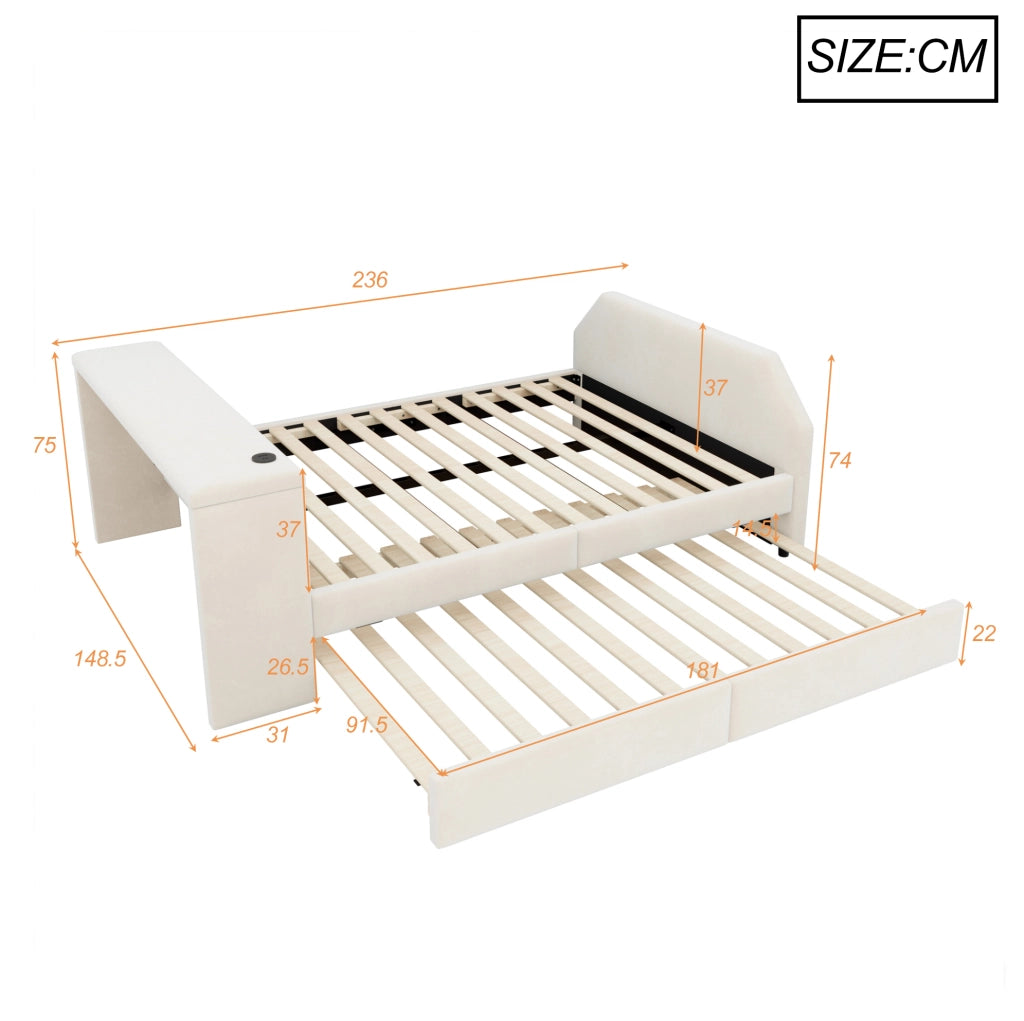 Letto imbottito 140x200 cm con scrivania, USB e letto estraibile in velluto beige