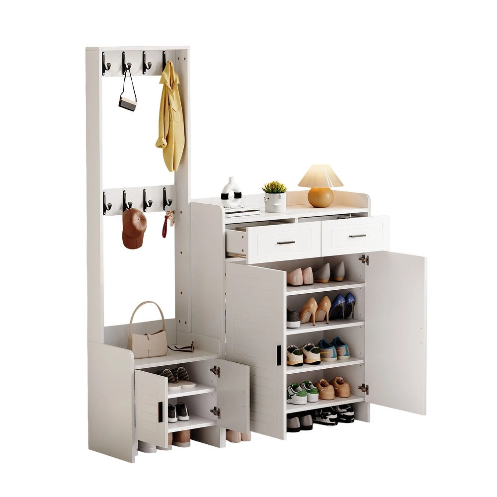 Set appendiabiti e scarpiera ingresso ¨C Minimal ¨C bianco, 2 cassetti 2 ante 6 ripiani 8 ganci, 125x36x165 cm