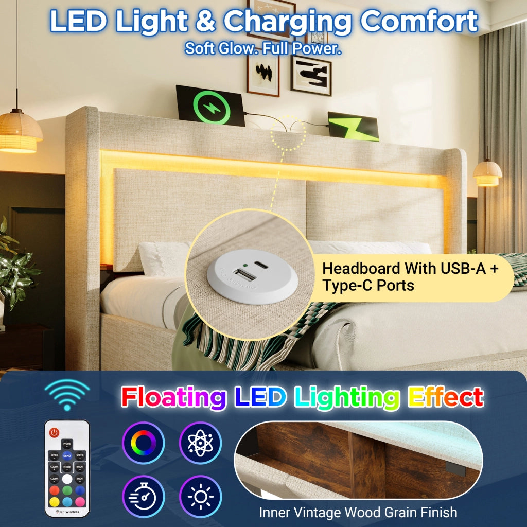 Letto contenitore 140 × 200 cm 2 posti con cassetto; LED regolabile; USB e USB-C; senza materasso; beige