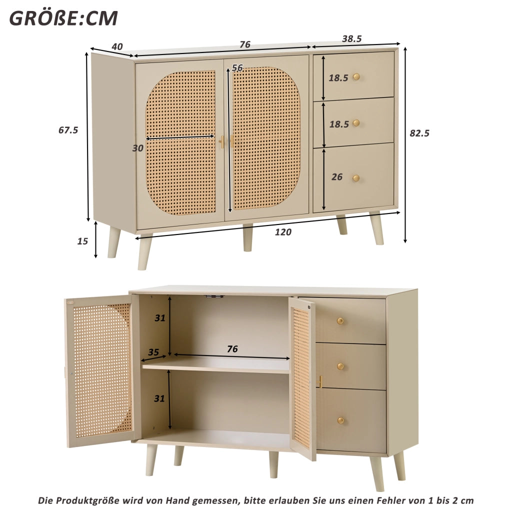 Credenza e madia con 2 ante e 3 cassetti, finitura rattan, per soggiorno e sala da pranzo, in truciolare, bianco