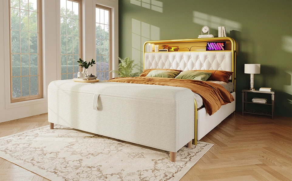 Panca contenitore 145x38 cm beige in tessuto a coste con apertura idraulica
