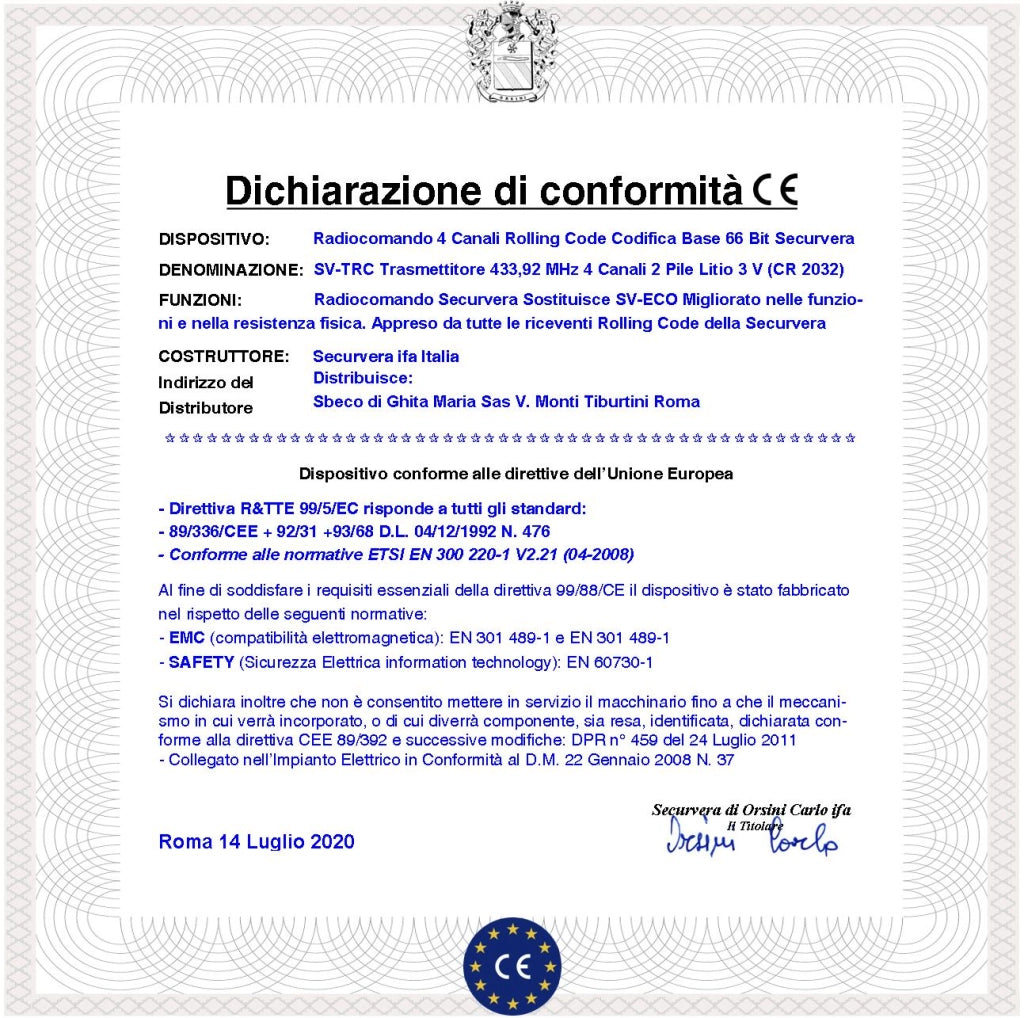 Radiocomando 4 Telecomandi Frequenza di Trasmissione 433,92 MHz 4 canali Potenza 1 mW Una Codifica di Sicurezza Univoca Securvera Led Segnalazione Funzione