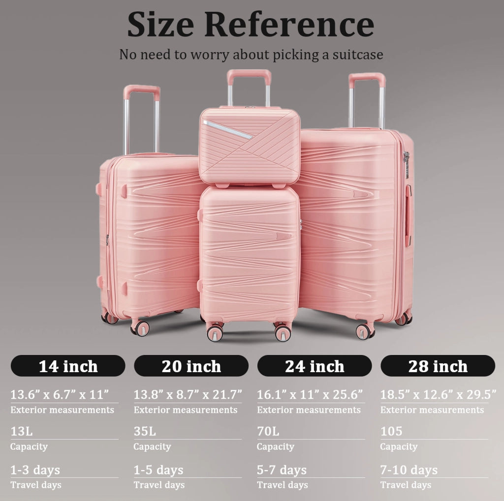 Set 4 valigie 20/24/28/14 pollici in PP rosa, ruote 360° –