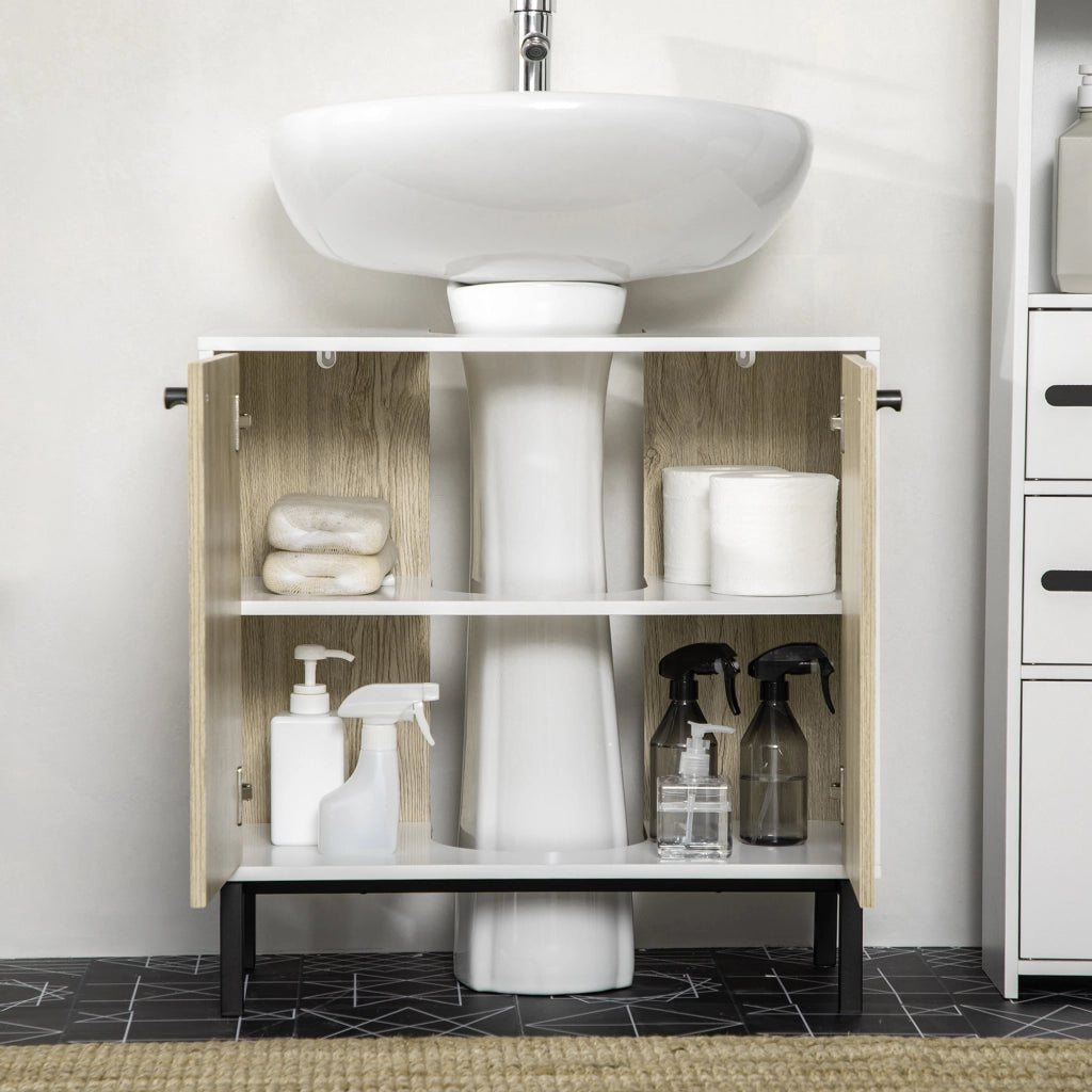 Mobile Bagno Sotto Lavabo 2 Ante con Ripiano in Truciolato e Acciaio ¨C Minimal ¨C Bianco Rovere 60x30x60 cm