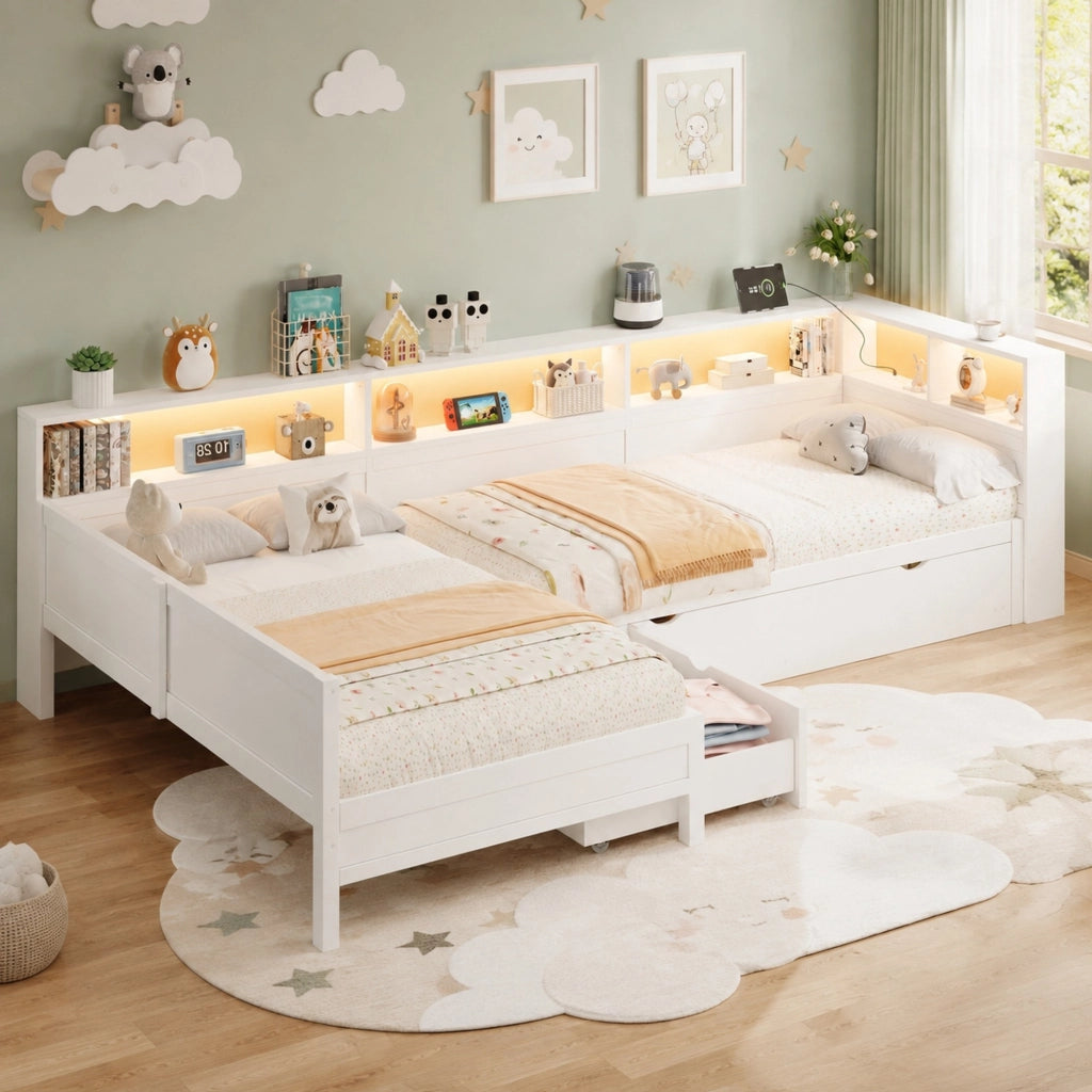 Letto con letto estraibile 90 × 200 cm a L con 5 vani cassetto LED e stazione USB in MDF bianco