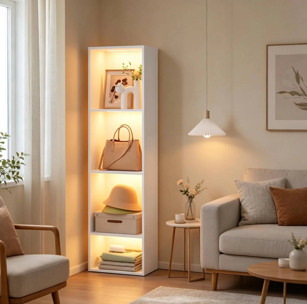 Libreria verticale bianca a 4 ripiani con illuminazione RGB