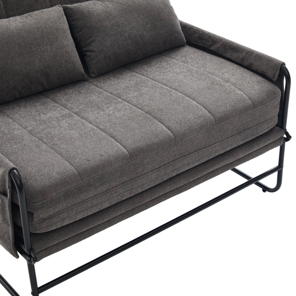 Divano letto 2 posti in chenille grigio con struttura in metallo, salvaspazio con tasche laterali, adatto per soggiorno e ufficio casa