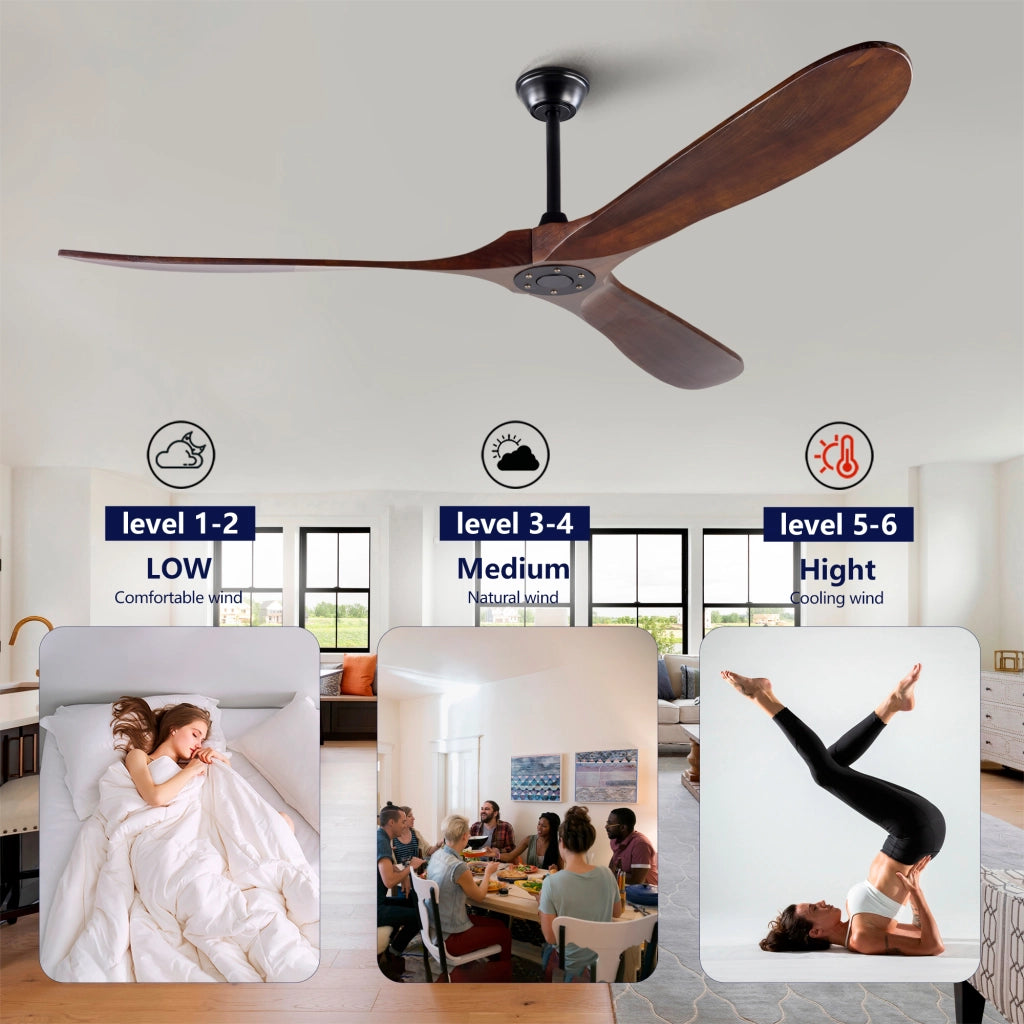 Ventilatore da soffitto senza luce in metallo e legno; nero e noce scuro; con telecomando