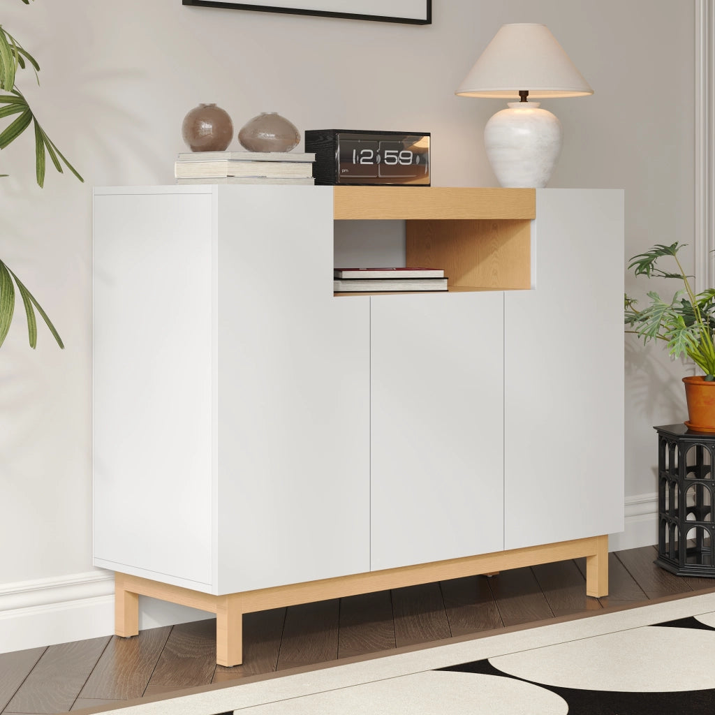 Credenza bianca con tre ante e vano centrale aperto; 120;5 cm; pannelli di particelle; effetto legno