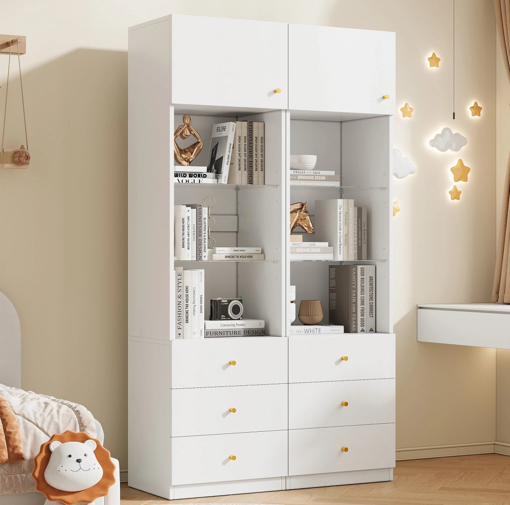 Mobiletto contenitore bianco 100×40×180 cm con ripiani in vetro regolabili e 3 cassetti