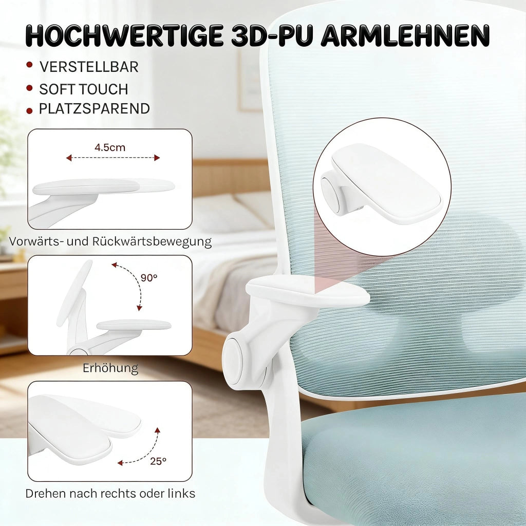 Sedia da ufficio ergonomica con schienale alto, supporto lombare e braccioli in rete blu