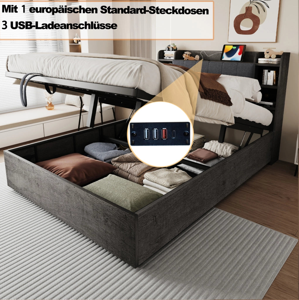 Letto matrimoniale 180x200 cm con contenitore idraulico; USB-C e MDF grigio