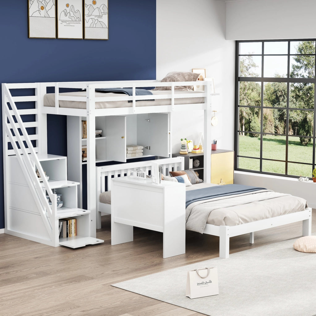 Letto a castello con scala contenitore, ripiani e tavolino mobile