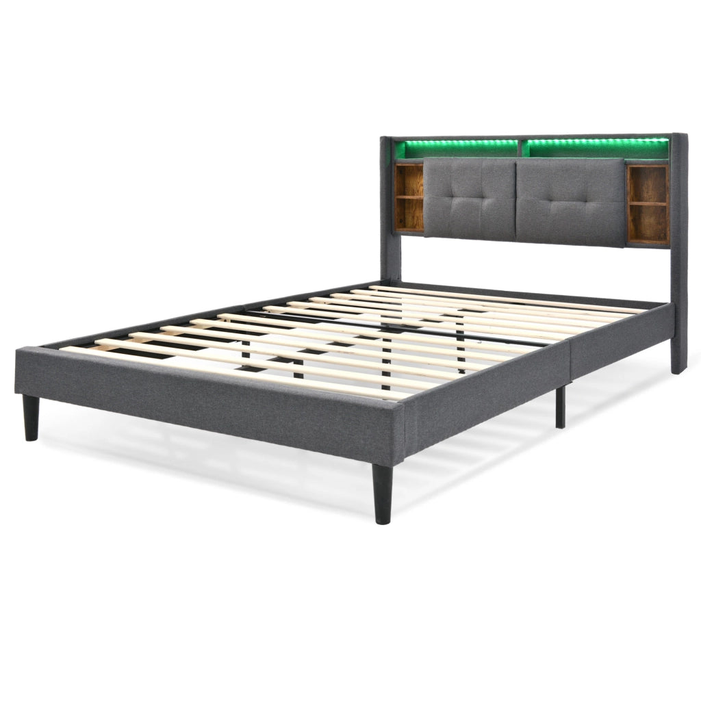 Letto Matrimoniale 140x200 Grigio con Testiera Contenitore; LED; 2 USB e 2 Prese