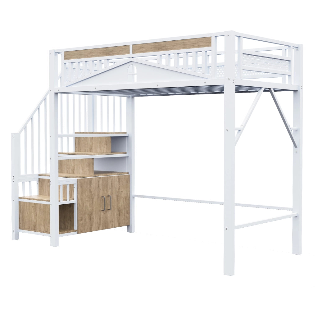 Letto a soppalco per bambini 90x200 cm con scale contenitore e finestra; metallo e legno bianco