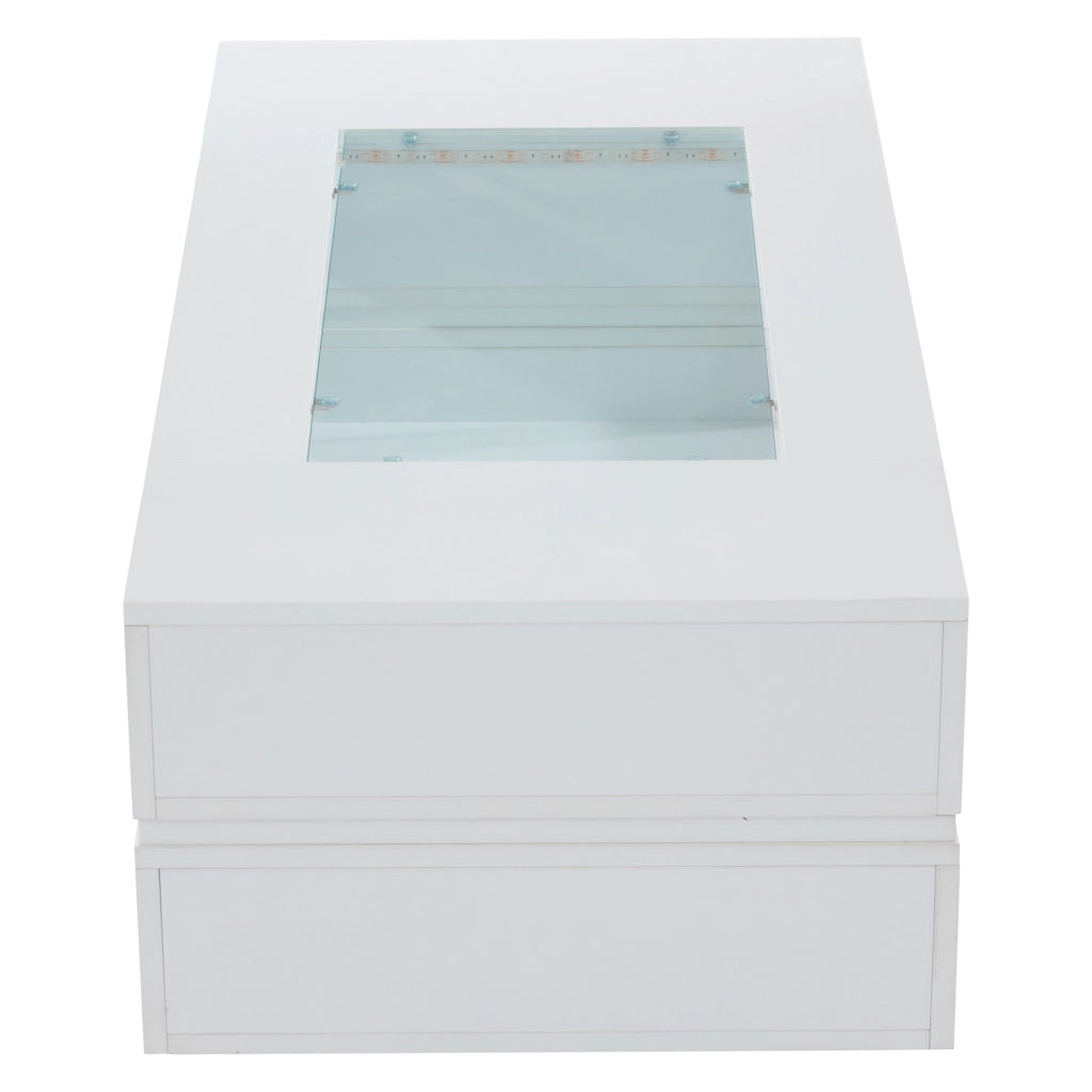 Tavolino basso fisso LED con app e telecomando; doppio ripiano; piano in vetro; bianco 100 × 50 × 35 cm