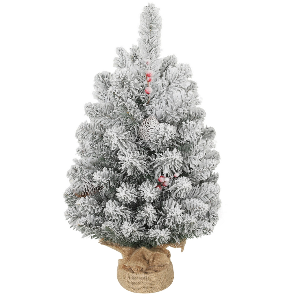 Albero di Natale Piccolo Alto 60 cm con 72 Rami Innevati, Pigne e Bacche Rosse, Verde