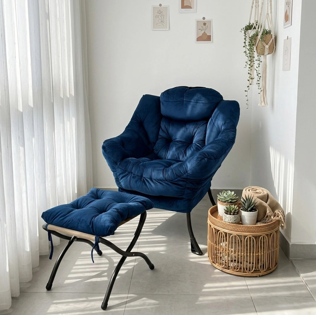 Poltrona relax con poggiapiedi blu scuro con supporto ergonomico e tasca laterale