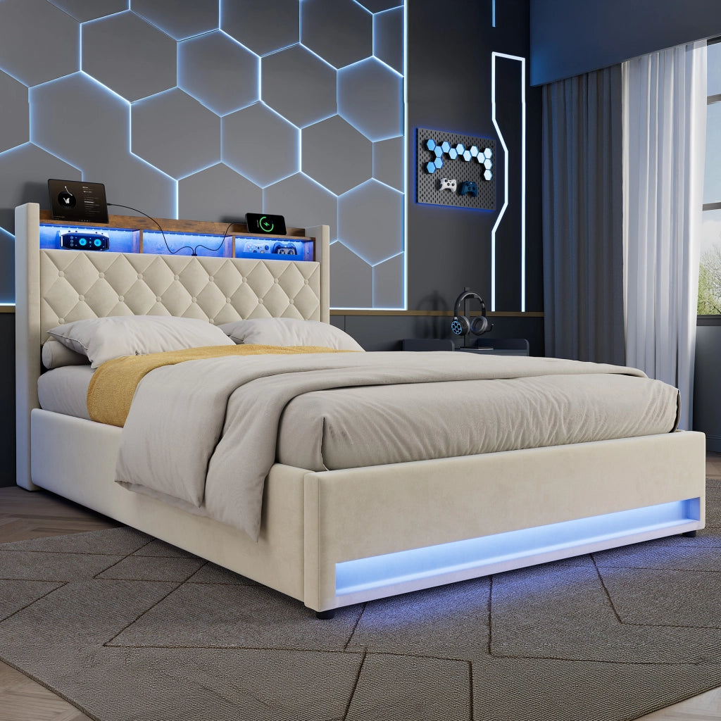 Letto contenitore imbottito 140x200 cm con luce LED; presa elettrica e porta USB; velluto; beige; senza materasso