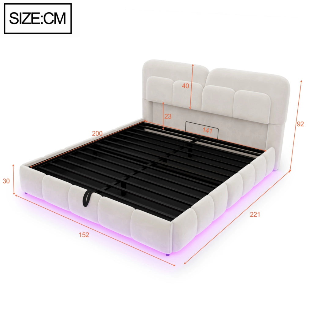 Letto imbottito con contenitore idraulico e LED, beige