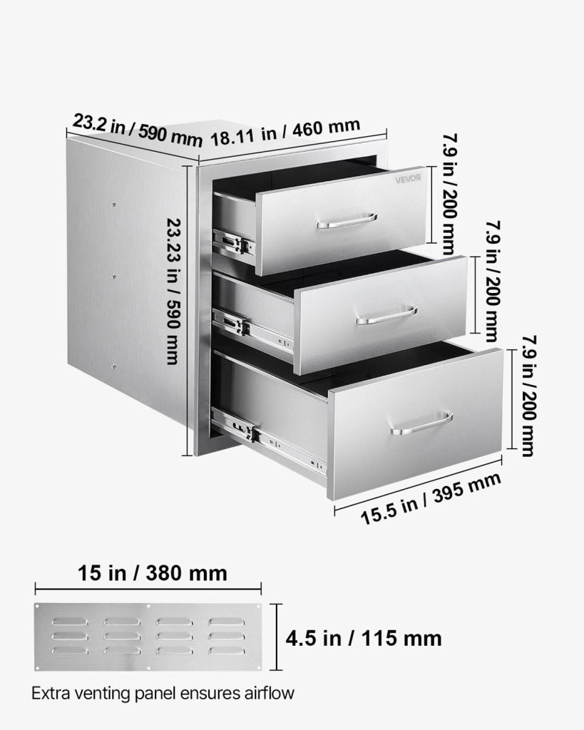 Cassettiera da Incasso Tripla in Acciaio Inox per Cucina da Esterno e Barbecue 46 x 59 x 59 cm, 3 Cassetti Robusta da Giardino