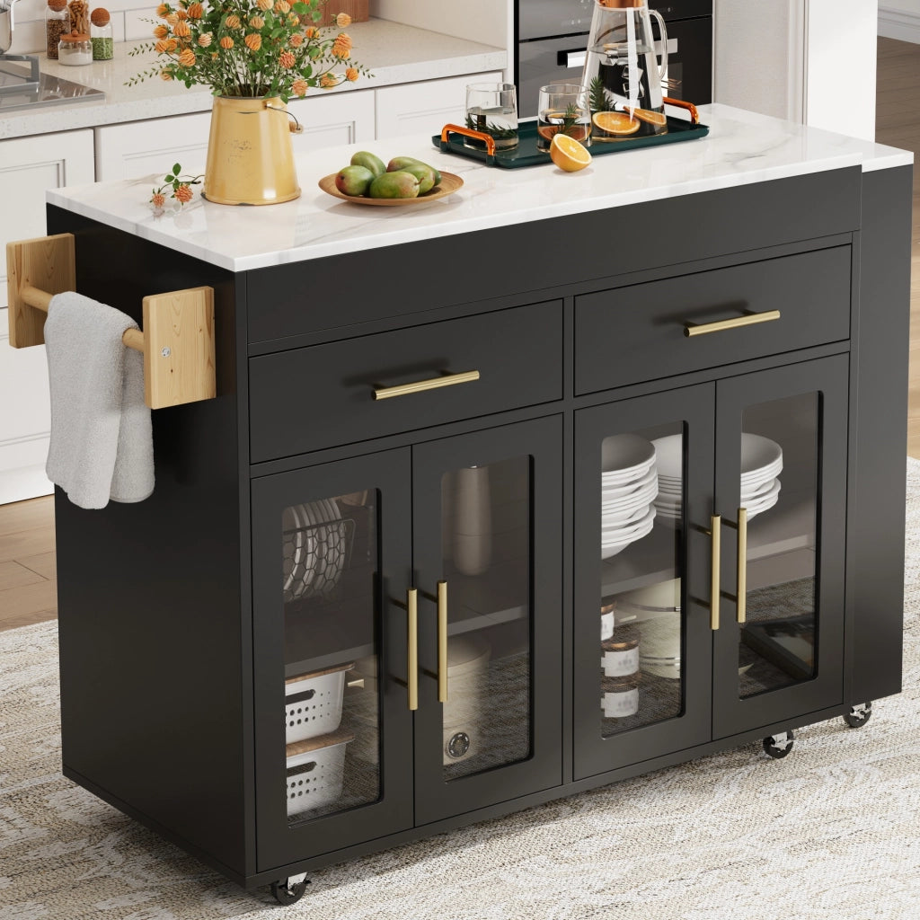 Tavolo alto da cucina estraibile con mobili contenitore; ripiani regolabili; ruote e freni in MDF nero 132.5–217 × 50 × 93 cm
