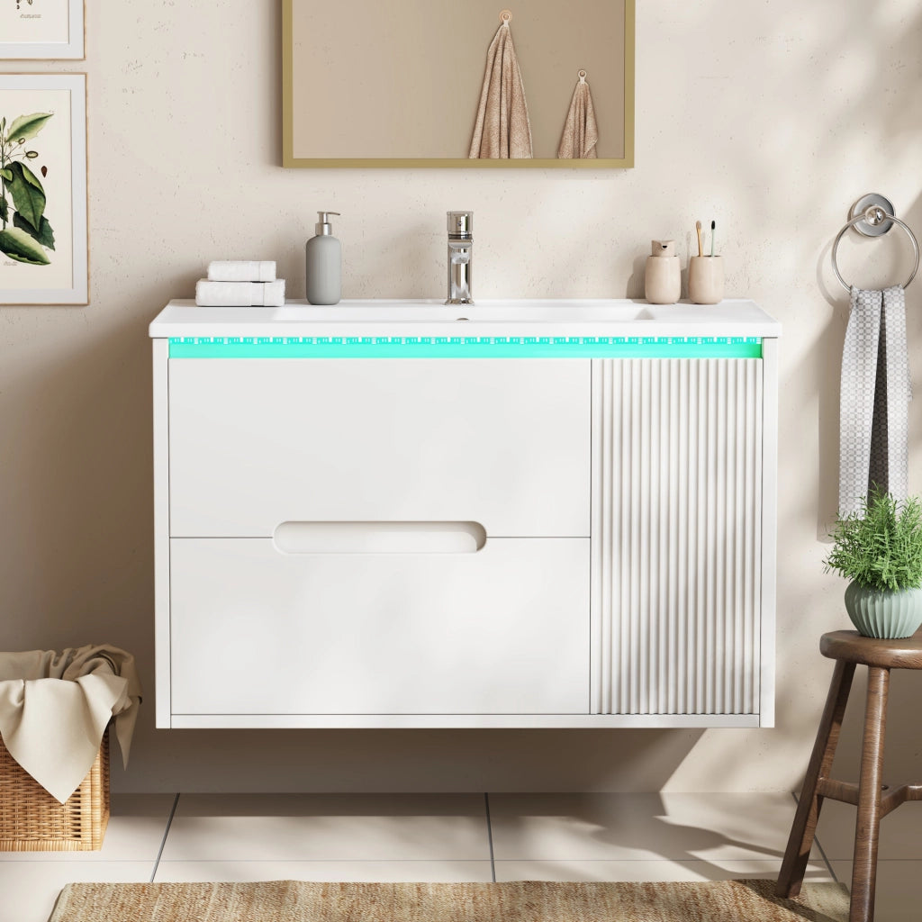 Mobile sottolavabo sospeso 81 cm in MDF con lavabo in ceramica e LED bianco