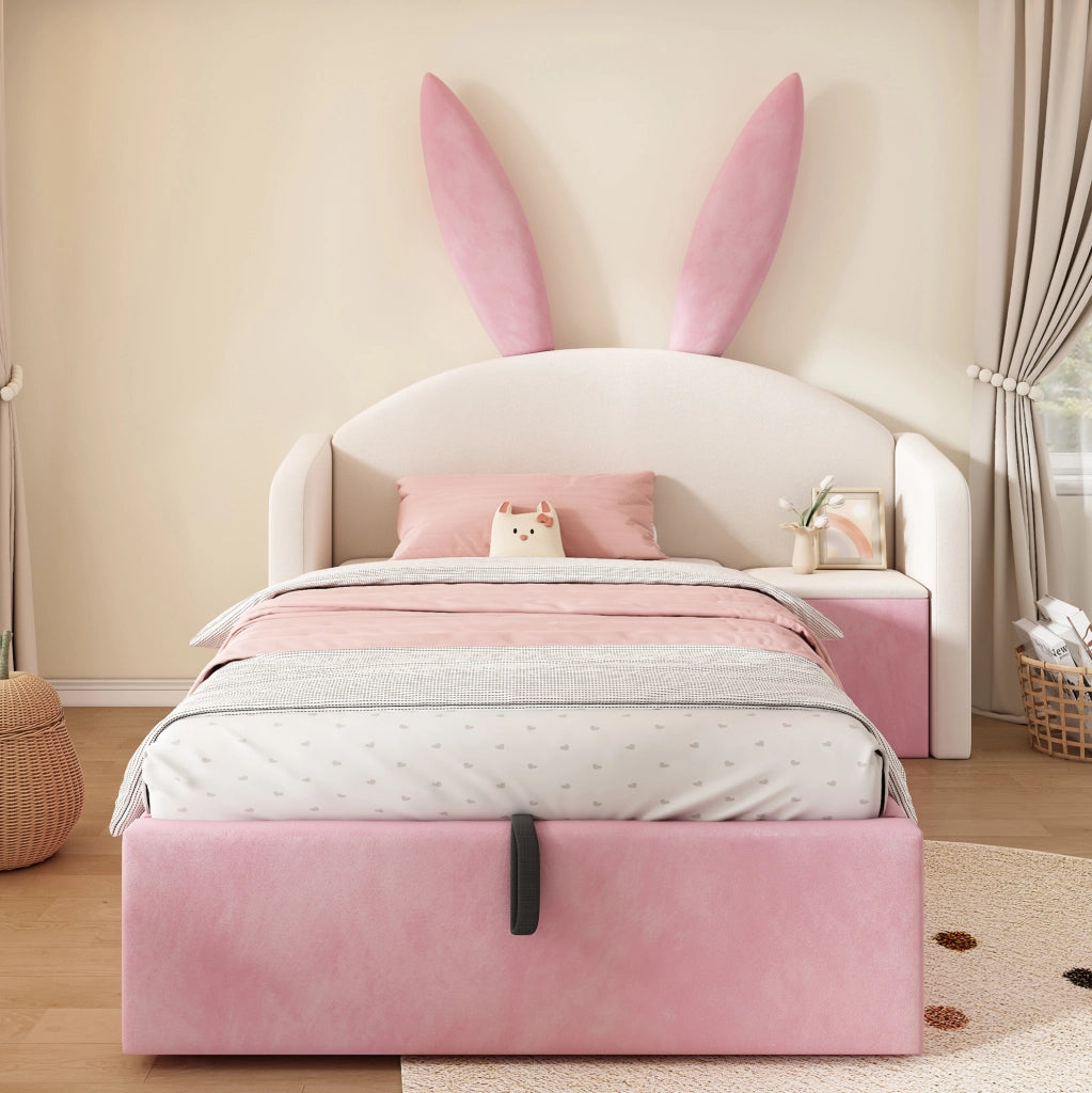 Letto singolo per bambini 90x200 cm con contenitore idraulico e comodino in velluto beige e rosa HOMVRA