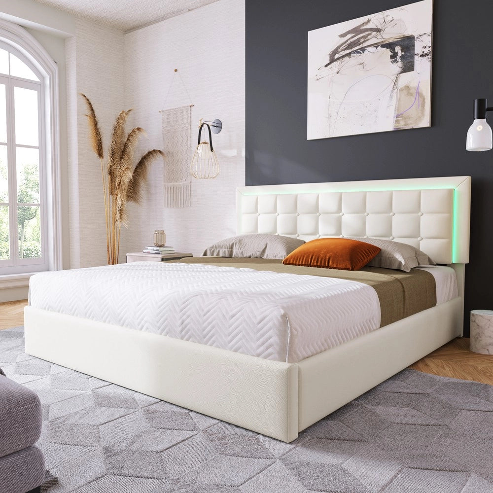 Letto Contenitore Imbottito con LED ¨C MINIMAL ¨C Similpelle Bianco 180x200