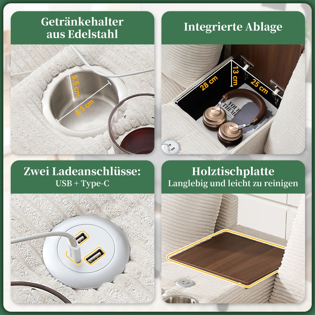 Divano angolare convertibile 4 posti con consolle, portabicchieri, porte USB e tasche laterali in velluto a coste Beige