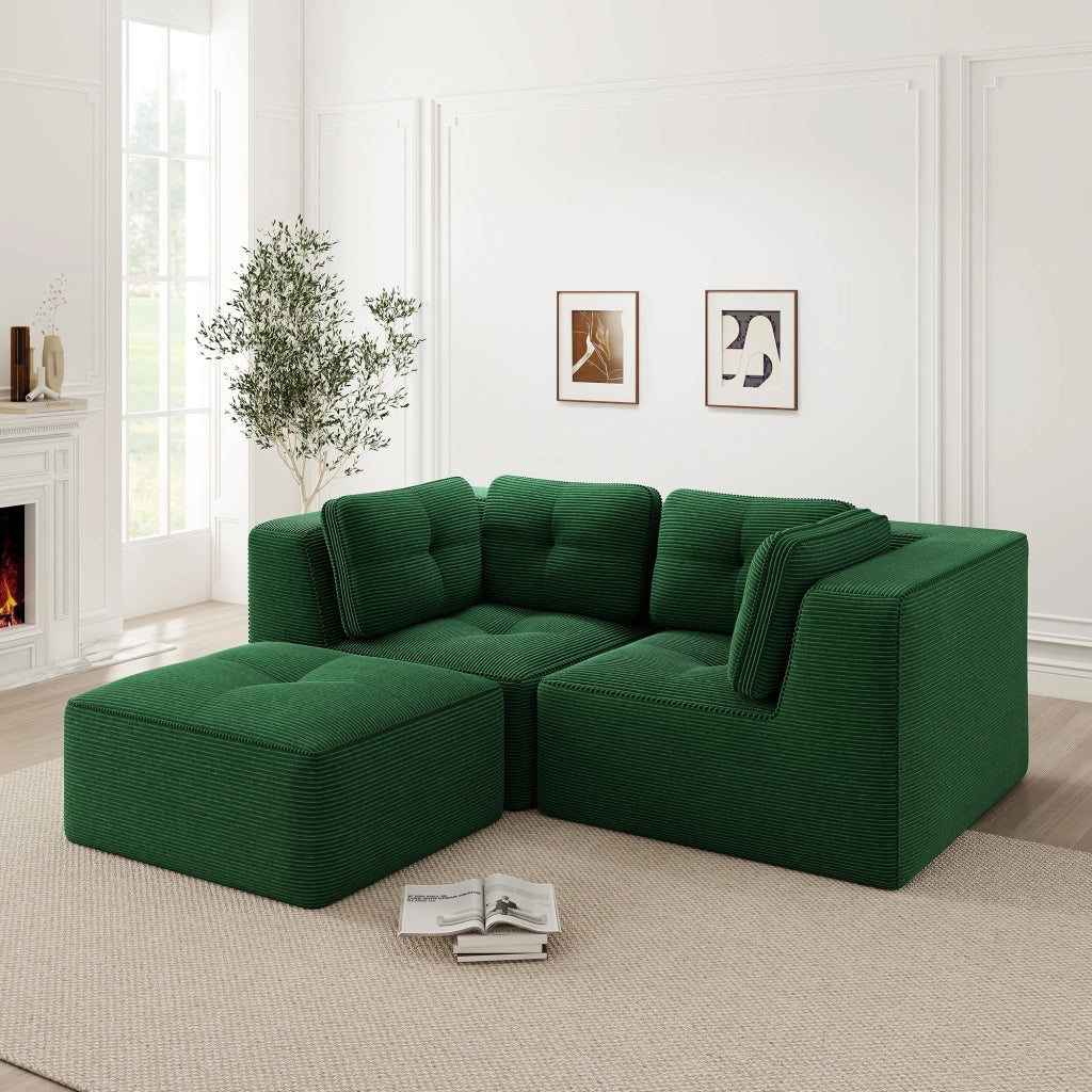 Divano Angolare Modulare 2 Posti con Poggiapiedi ¨C Xylo ¨C Verde, Tessuto, Chaise Longue