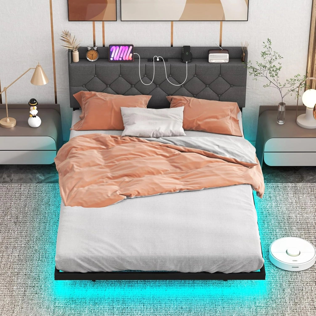 Struttura Letto Matrimoniale con Luci LED, Letto a Piattaforma con Testiera Imbottita Regolabile e Stazione di Ricarica, Letto Moderno in Metallo, Silenzioso, Carico 300kg (200 x 140cm)