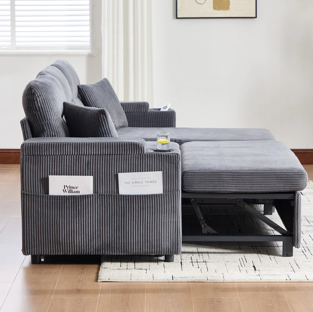 DIVANO 3 Posti con Chaise Longue Contenitore e Letto Estraibile in Velluto a Coste Grigio