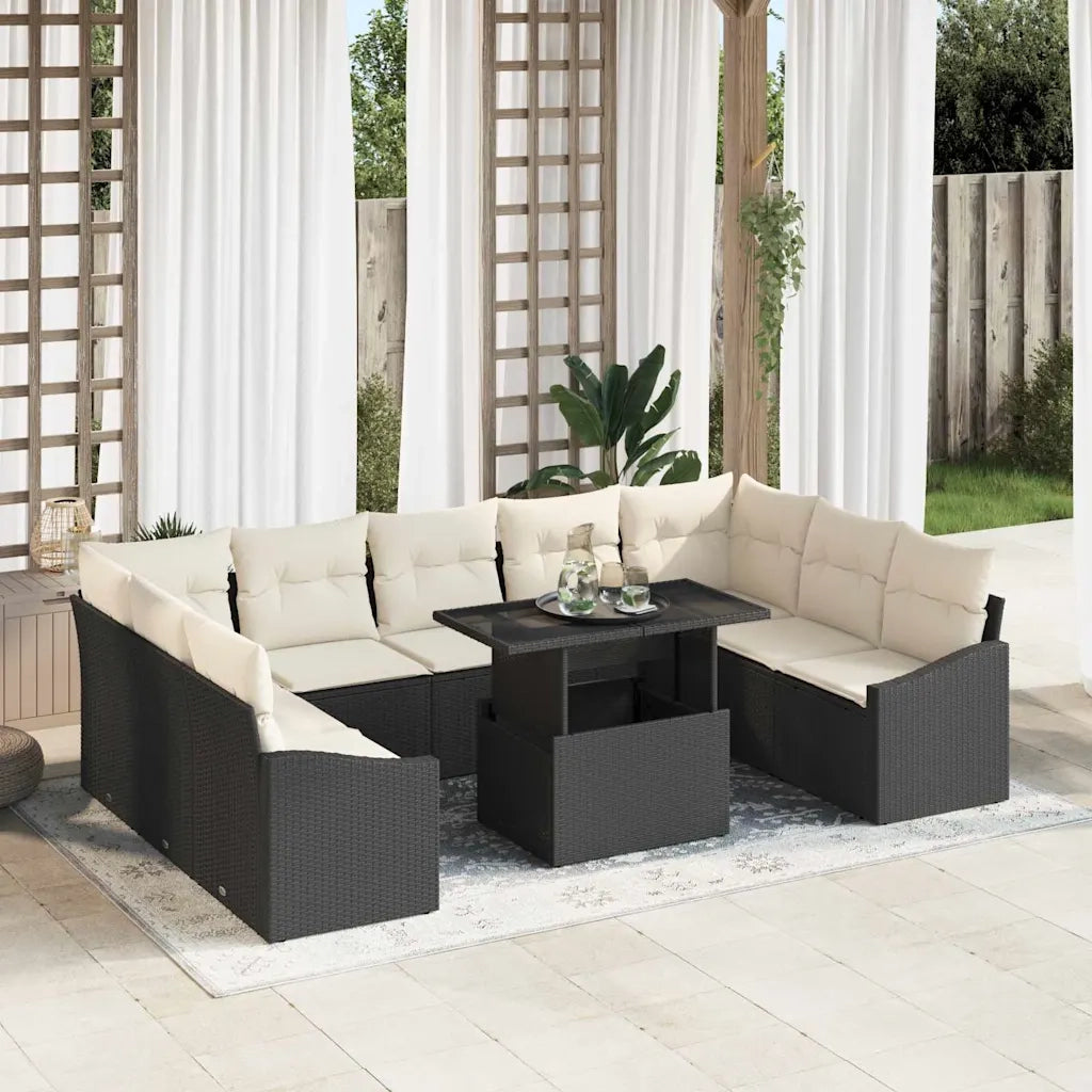 Set di divani con cuscino 10 pcs Nero e Crema polyrattan