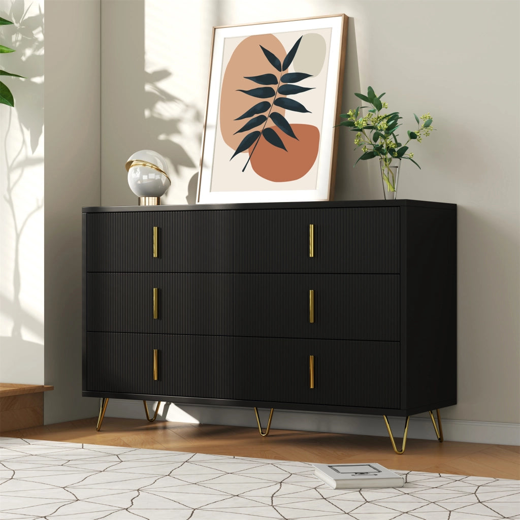 Credenza moderna con 6 cassetti e superficie ondulata, per soggiorno e sala da pranzo, nero e oro, 120 × 40 × 77 cm