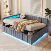 Letto matrimoniale imbottito 140 × 200 cm con contenitore idraulico; LED; USB; testiera e schienale in velluto grigio