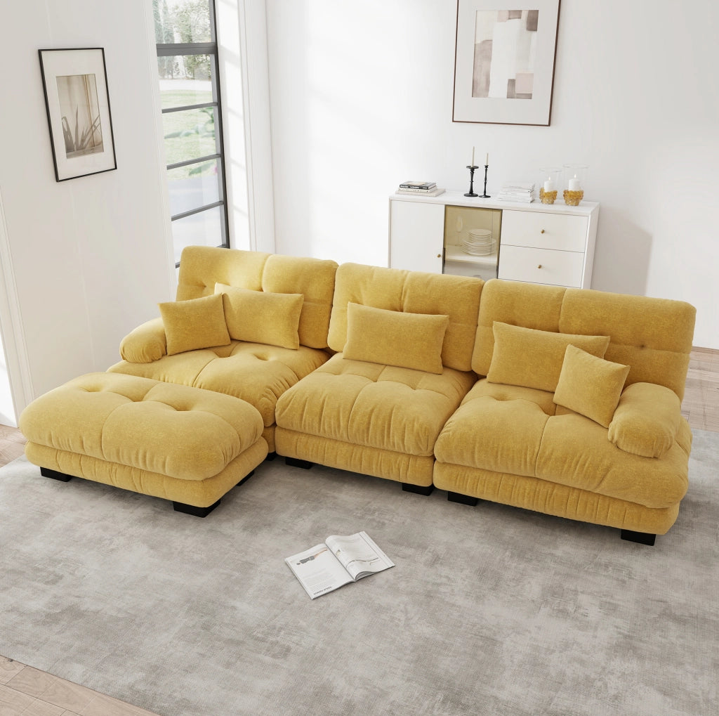 Divano angolare modulare 313x145x81 cm in ciniglia gialla con pouf
