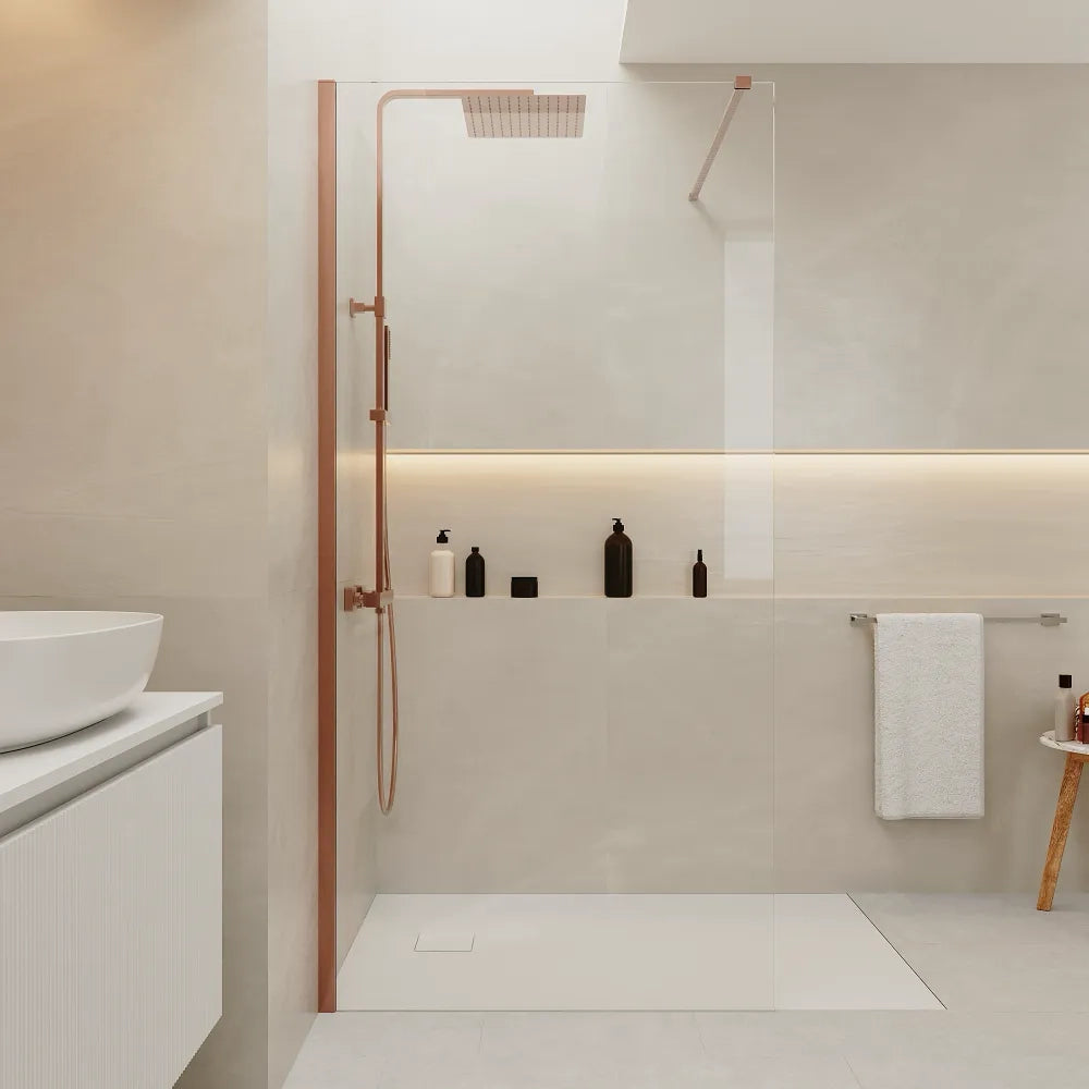 Doccia walk-in 130 cm vetro 8mm anticalcare h200 profilo rame spazzolato | Keros