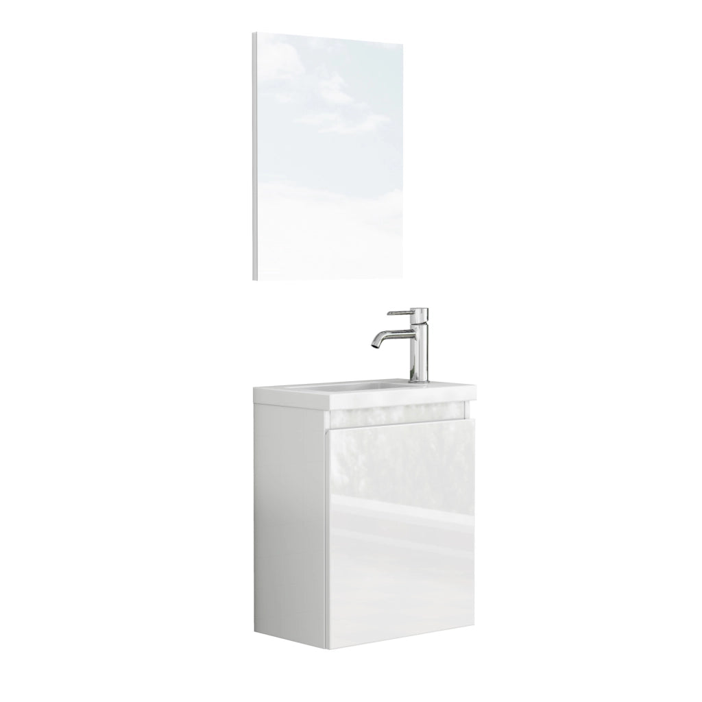 Mobile bagno sospeso 40 cm bianco lucido con lavabo in ceramica e specchio, design senza maniglie con cerniere ammortizzate, preassemblato